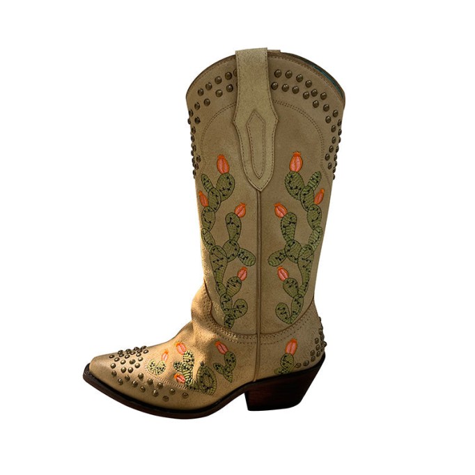 Womens Western Embroidered Boots Rivet Decorate- Khaki Cowgirl Boots All Genuine Leather