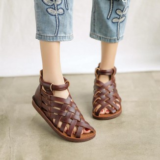 Handmade Leather Sandals,Woven Open-toe Women Flat Shoes, Retro Oxford Shoes Coffee/Brown/Apricot