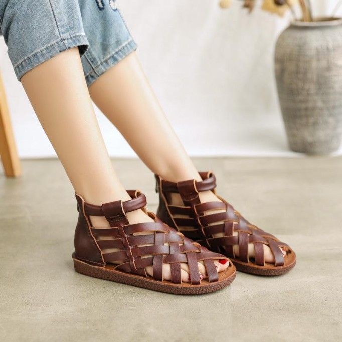 Handmade Leather Sandals,Woven Open-toe Women Flat Shoes, Retro Oxford Shoes Coffee/Brown/Apricot
