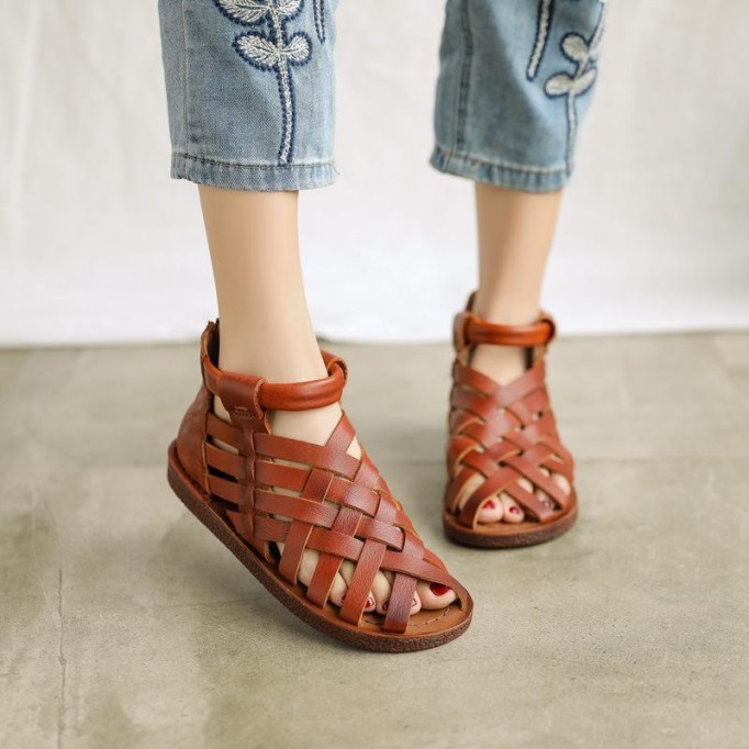 Handmade Leather Sandals,Woven Open-toe Women Flat Shoes, Retro Oxford Shoes Coffee/Brown/Apricot