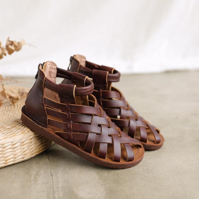 Handmade Leather Sandals,Woven Open-toe Women Flat Shoes, Retro Oxford Shoes Coffee/Brown/Apricot