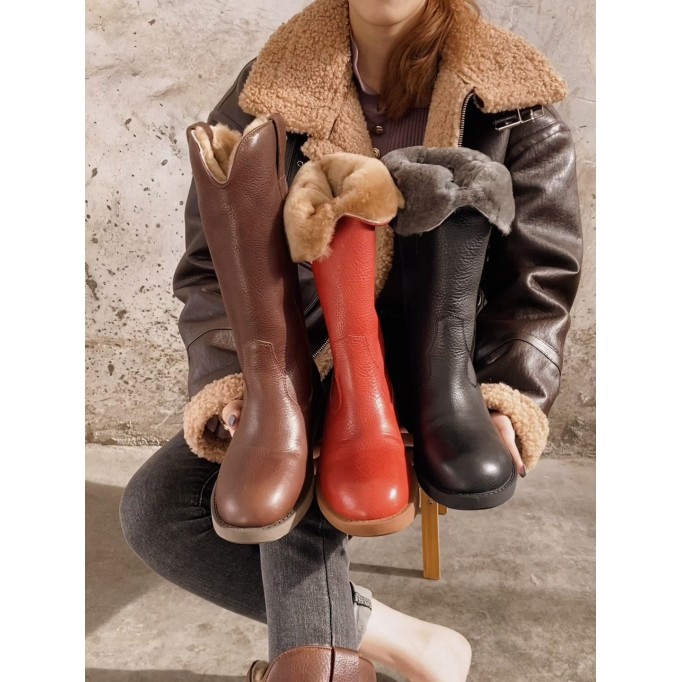 Western Cowboy Boots Handmade Leather Mid Calf Snow Boots Shearling Lined in Red/Black/Coffee