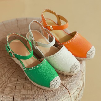 Slingback Espadrille-Wedge Leather Sandals in Beige/Green/Orange