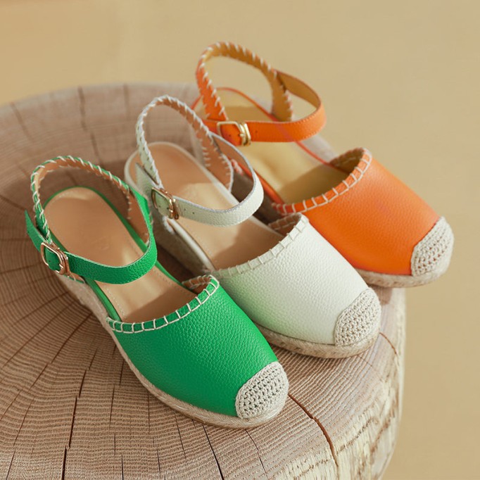 Slingback Espadrille-Wedge Leather Sandals in Beige/Green/Orange