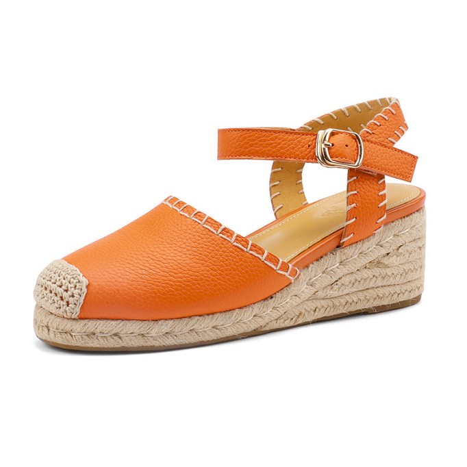 Slingback Espadrille-Wedge Leather Sandals in Beige/Green/Orange