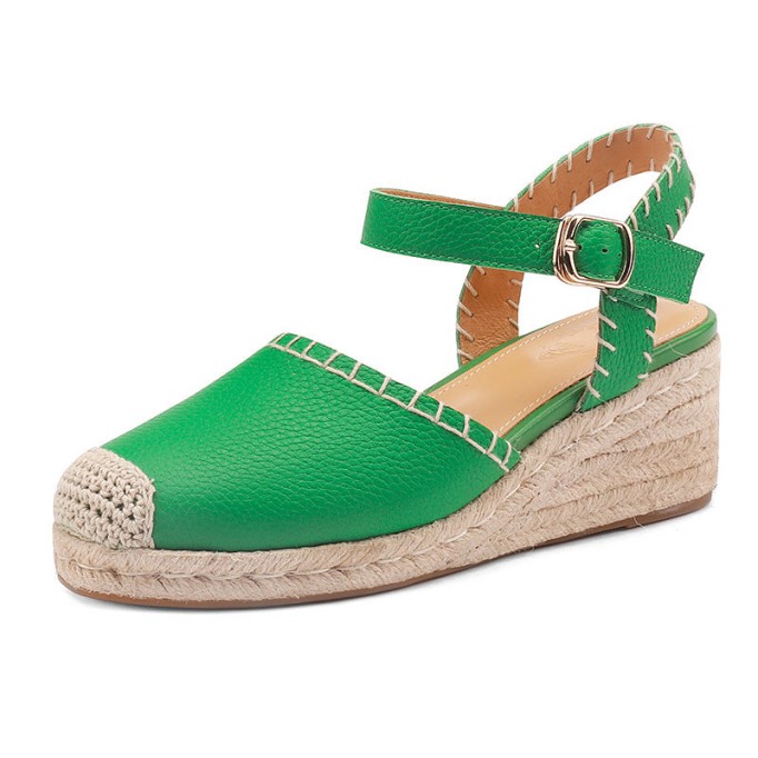 Slingback Espadrille-Wedge Leather Sandals in Beige/Green/Orange