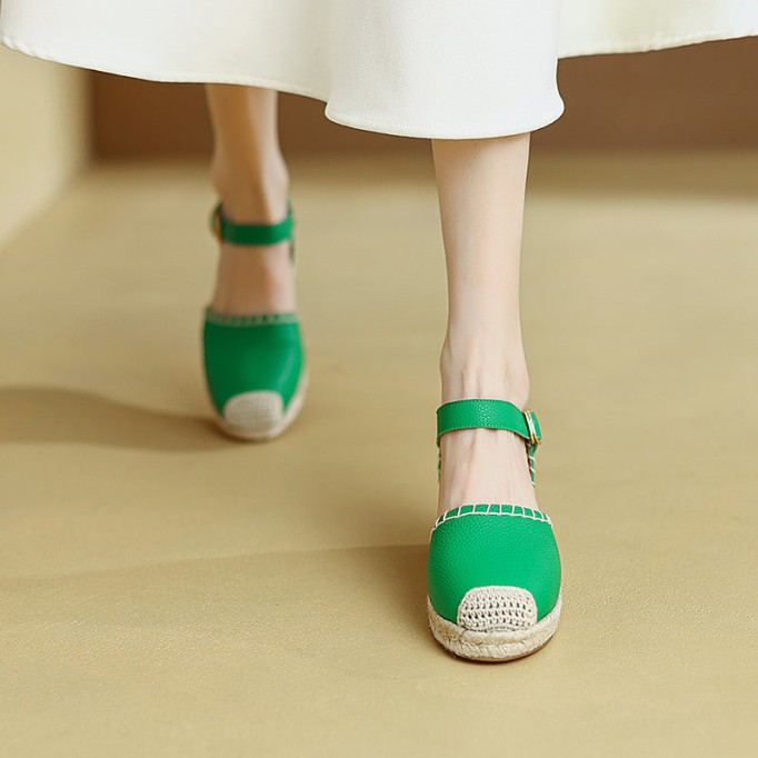 Slingback Espadrille-Wedge Leather Sandals in Beige/Green/Orange