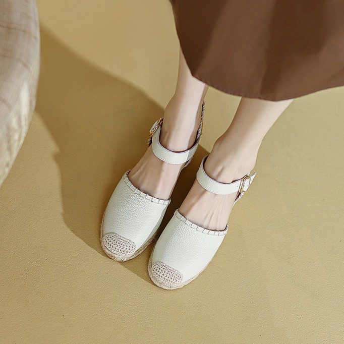 Slingback Espadrille-Wedge Leather Sandals in Beige/Green/Orange