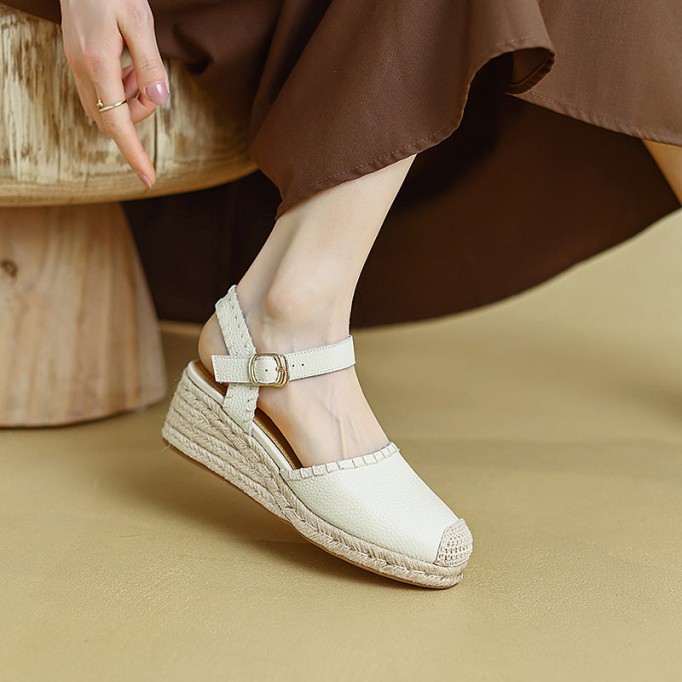 Slingback Espadrille-Wedge Leather Sandals in Beige/Green/Orange