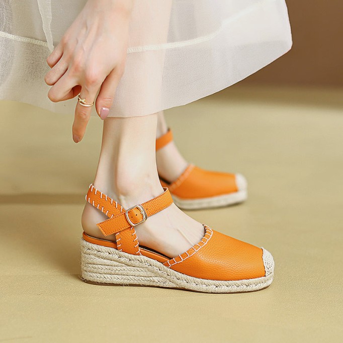 Slingback Espadrille-Wedge Leather Sandals in Beige/Green/Orange