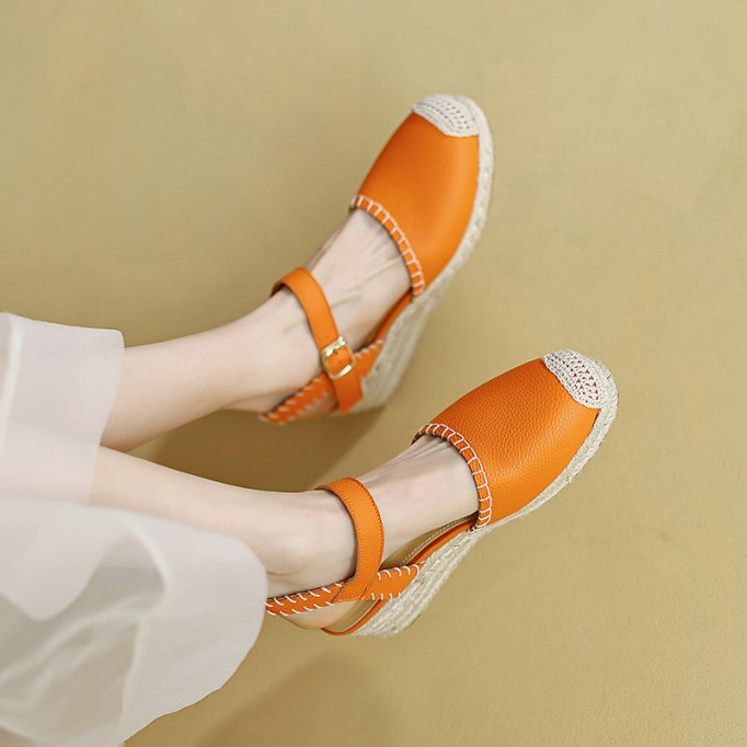 Slingback Espadrille-Wedge Leather Sandals in Beige/Green/Orange