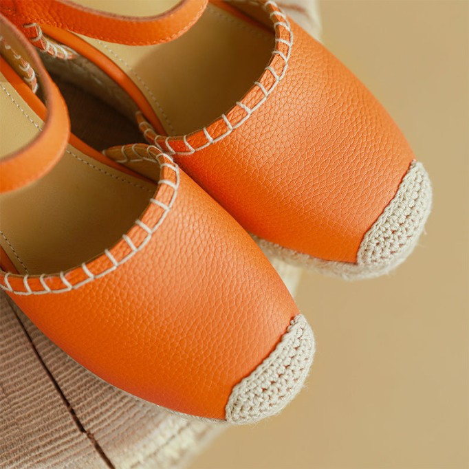 Slingback Espadrille-Wedge Leather Sandals in Beige/Green/Orange