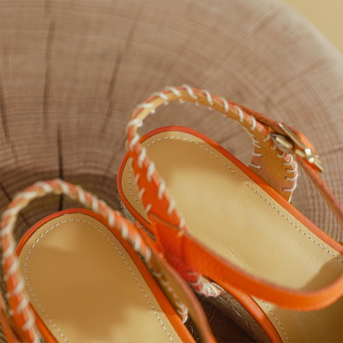 Slingback Espadrille-Wedge Leather Sandals in Beige/Green/Orange