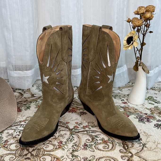 Womens Western Embroidered Short Boots - Suede Khaki/Black Cowgirl Boots All Genuine Leather