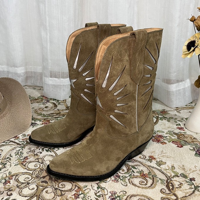 Womens Western Embroidered Short Boots - Suede Khaki/Black Cowgirl Boots All Genuine Leather