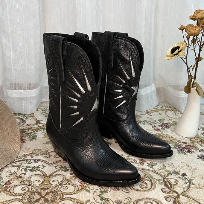 Womens Western Embroidered Short Boots - Suede Khaki/Black Cowgirl Boots All Genuine Leather