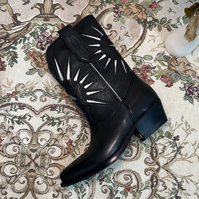 Womens Western Embroidered Short Boots - Suede Khaki/Black Cowgirl Boots All Genuine Leather