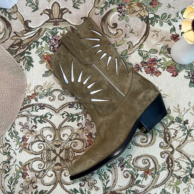 Womens Western Embroidered Short Boots - Suede Khaki/Black Cowgirl Boots All Genuine Leather