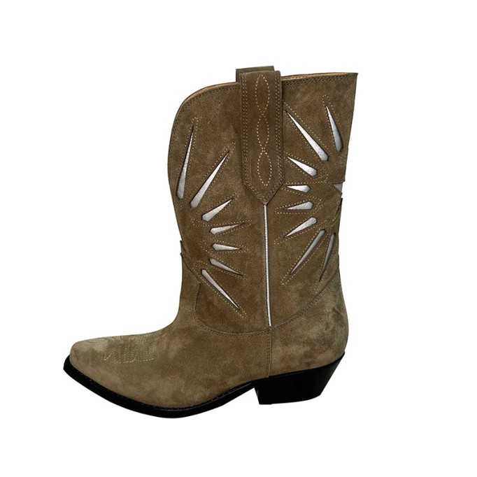 Womens Western Embroidered Short Boots - Suede Khaki/Black Cowgirl Boots All Genuine Leather