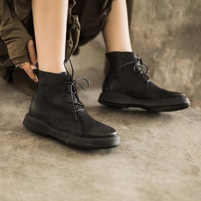 Lace Up Martin Boots for Women Handmade Leather Flat Ankle Boots Brown/Coffee/Black