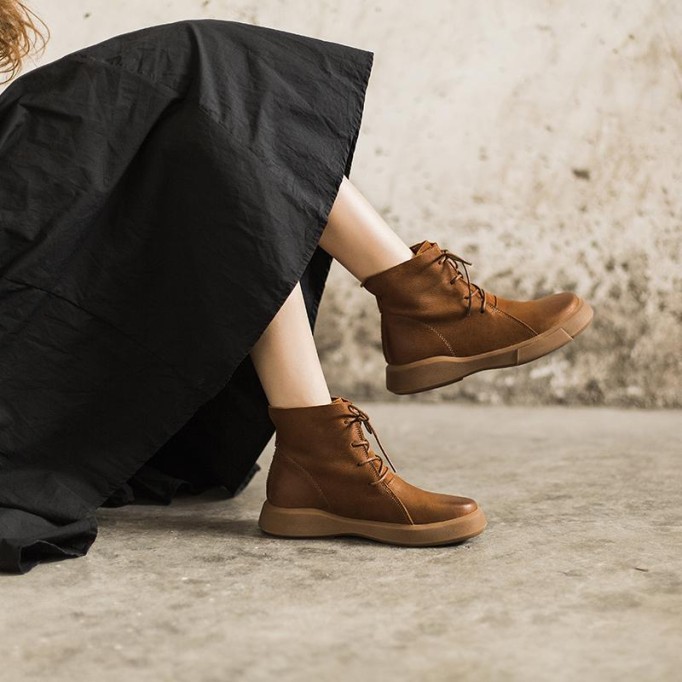 Lace Up Martin Boots for Women Handmade Leather Flat Ankle Boots Brown/Coffee/Black