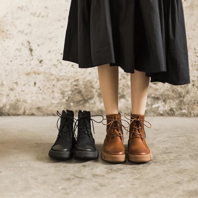 Lace Up Martin Boots for Women Handmade Leather Flat Ankle Boots Brown/Coffee/Black