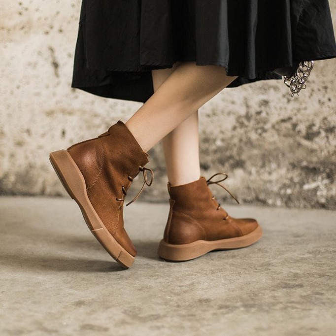 Lace Up Martin Boots for Women Handmade Leather Flat Ankle Boots Brown/Coffee/Black