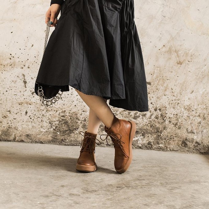 Lace Up Martin Boots for Women Handmade Leather Flat Ankle Boots Brown/Coffee/Black