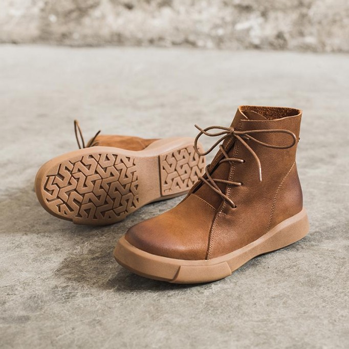 Lace Up Martin Boots for Women Handmade Leather Flat Ankle Boots Brown/Coffee/Black