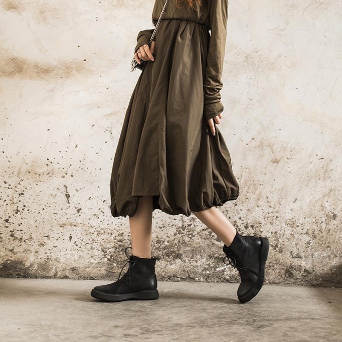 Lace Up Martin Boots for Women Handmade Leather Flat Ankle Boots Brown/Coffee/Black