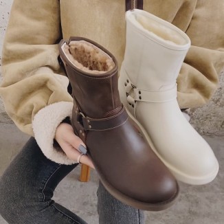 Waxing Leather Buckle Boots Handmade British Boots Fleece Lined Snow Boots Black/White/Coffee