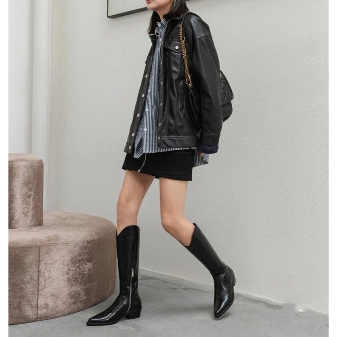 Classic Cowboy Boots with 100% Sheepskin Lining Knee High Mid Heel Side Zipper Pointed Toe Handmade Genuine Leather Black/Coffee/White