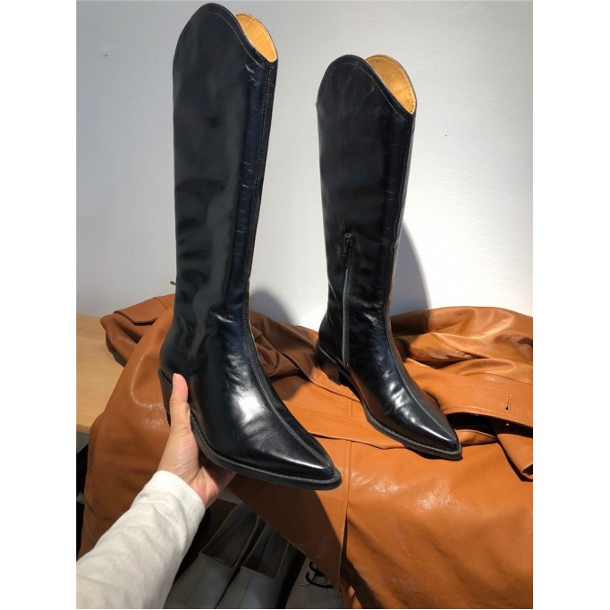 Classic Cowboy Boots with 100% Sheepskin Lining Knee High Mid Heel Side Zipper Pointed Toe Handmade Genuine Leather Black/Coffee/White