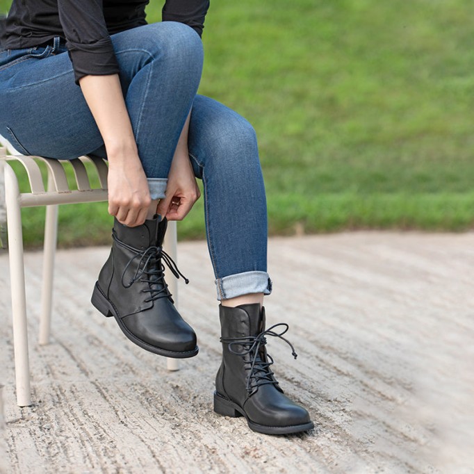 Women Martin Boots Lace Up Short Boots Handmade Leather Full Grain Leather Black