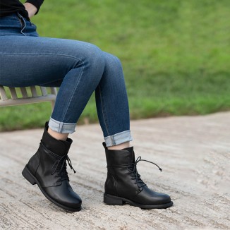 Women Martin Boots Lace Up Short Boots Handmade Leather Full Grain Leather Black