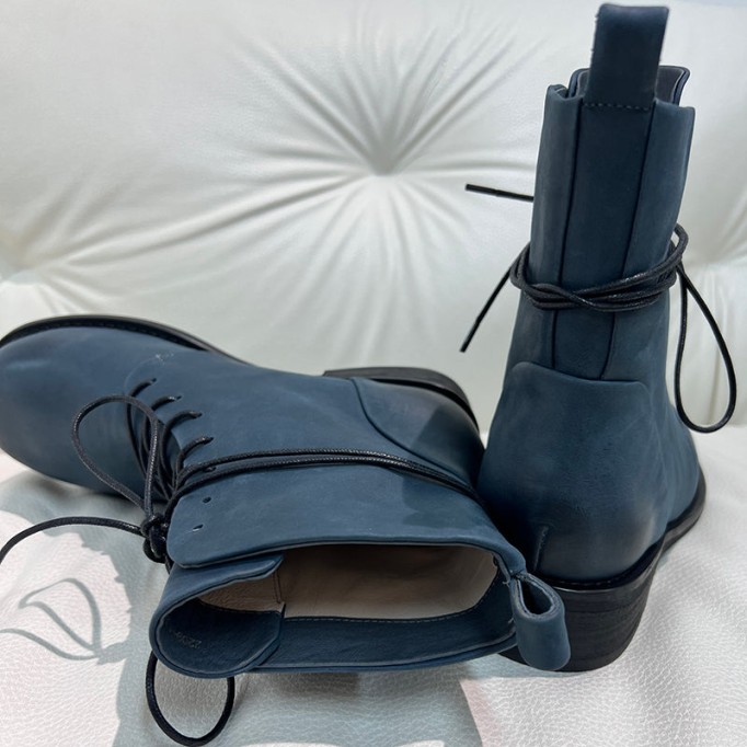 Women Martin Boots Lace Up Short Boots Handmade Leather Full Grain Leather Black