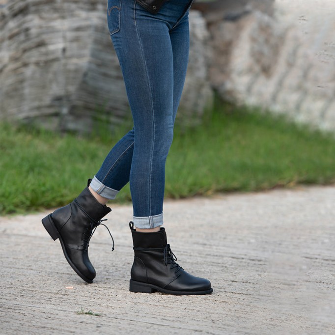 Women Martin Boots Lace Up Short Boots Handmade Leather Full Grain Leather Black