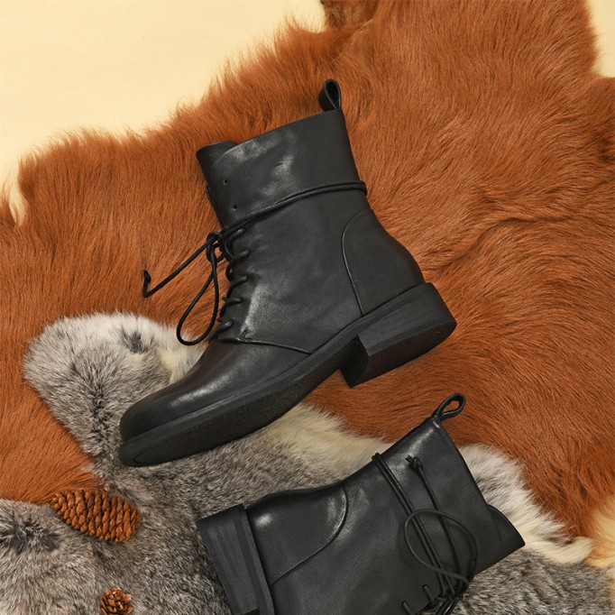 Women Martin Boots Lace Up Short Boots Handmade Leather Full Grain Leather Black