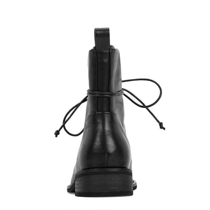 Women Martin Boots Lace Up Short Boots Handmade Leather Full Grain Leather Black