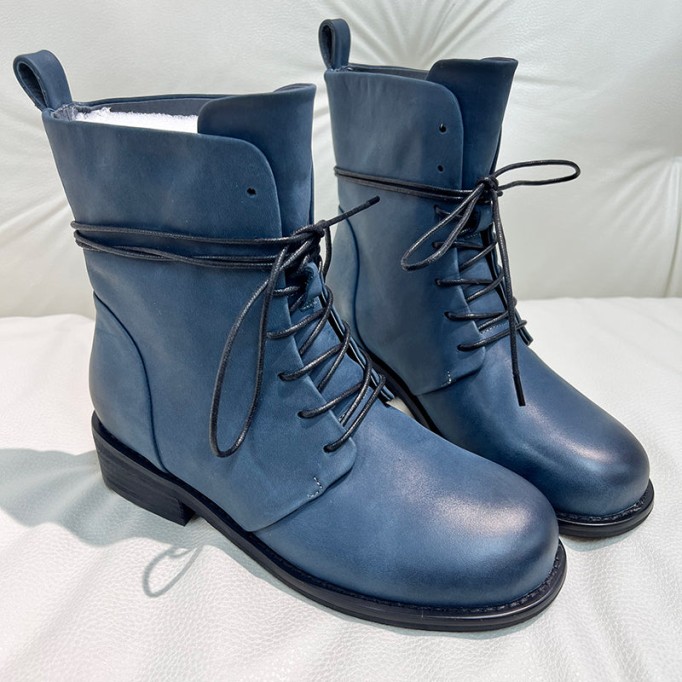 Women Martin Boots Lace Up Short Boots Handmade Leather Full Grain Leather Black