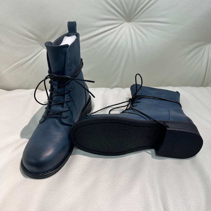 Women Martin Boots Lace Up Short Boots Handmade Leather Full Grain Leather Black