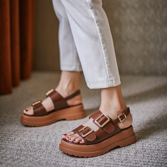 Leather Chunky Buckle Sandals in Black/White/Coffee - Women's Footbed Sandals