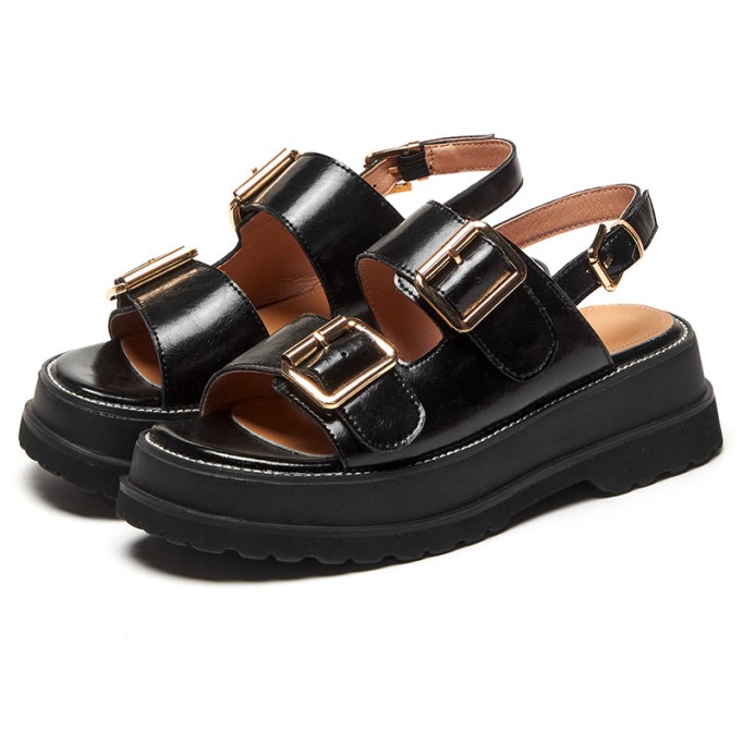 Leather Chunky Buckle Sandals in Black/White/Coffee - Women's Footbed Sandals