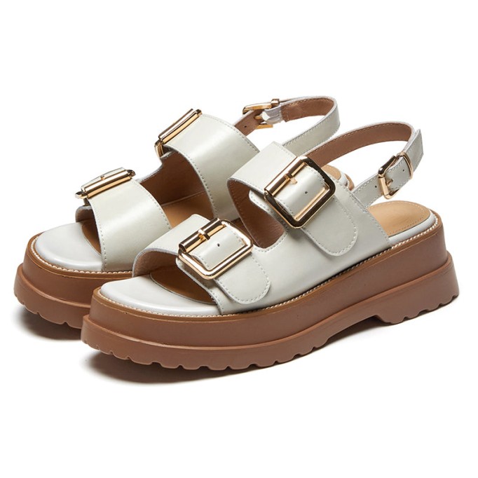 Leather Chunky Buckle Sandals in Black/White/Coffee - Women's Footbed Sandals