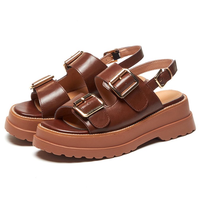 Leather Chunky Buckle Sandals in Black/White/Coffee - Women's Footbed Sandals