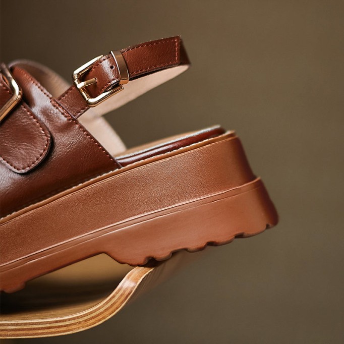 Leather Chunky Buckle Sandals in Black/White/Coffee - Women's Footbed Sandals