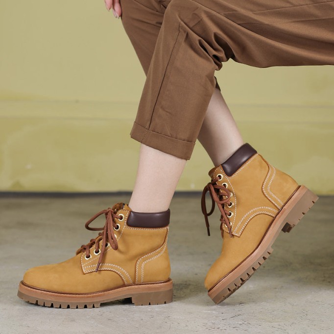 Women's Handmade High Lace-up Boot in Nubuck Calfskin in Light Tan/Army Green