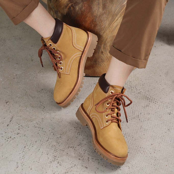 Women's Handmade High Lace-up Boot in Nubuck Calfskin in Light Tan/Army Green