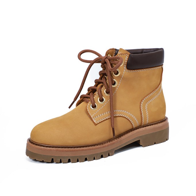 Women's Handmade High Lace-up Boot in Nubuck Calfskin in Light Tan/Army Green