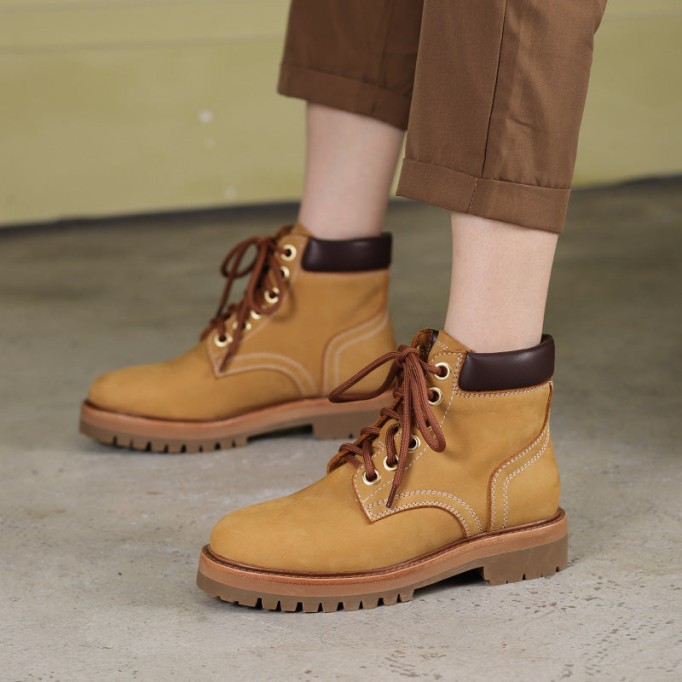 Women's Handmade High Lace-up Boot in Nubuck Calfskin in Light Tan/Army Green